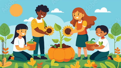 With bright sunflowers towering over them students excitedly plant pumpkin seeds in the garden hoping to have a successful harvest for Halloween.. Vector illustration