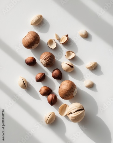 Hazelnuts shelled and chopped presented in a contrasting composition.