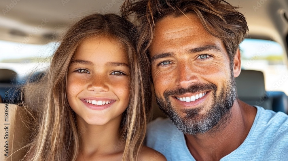 Father and Daughter Smiling Together in the Backseat of a Car. Generative AI Father and Daughter Smiling Together in the Backseat of a Car. Generative AI