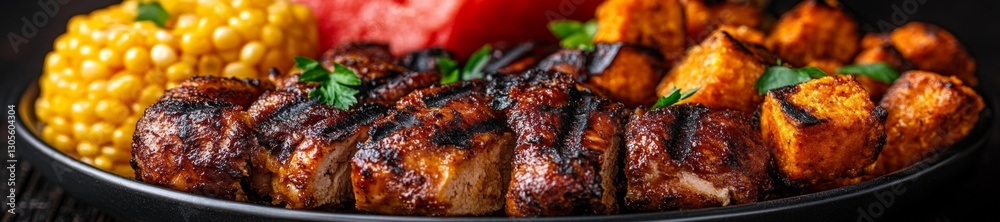 Grilled chicken with sweet potatoes cornbread and beans on a black plate served with garnish. Generative AI Grilled chicken with sweet potatoes cornbread and beans on a black plate served with garnish. Generative AI