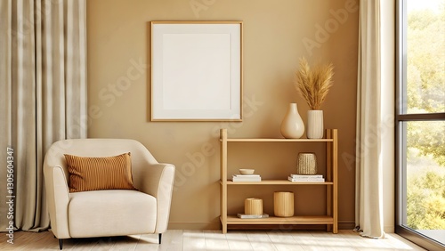 Beige home living room interior with armchair