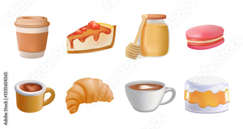 Pastry beverage 3d icons set. Tea or filter cup, take away and cappuccino. Croissants and cookies, sweets like cheesecake, honey, croissant and cake . Bakery shop cartoon vector set