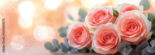 photo of a bouquet with pink roses and white eucalyptus on the right side,