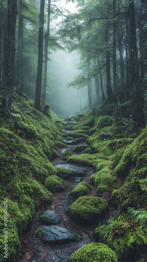 Obraz premium photo of a dark forest with mossy rocks and tall trees, mist in the air,
