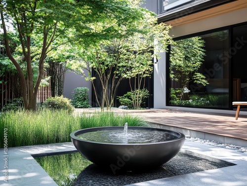 A contemporary backyard garden featuring a tranquil water fountain element