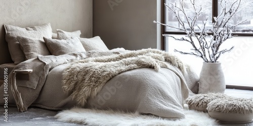 A cozy bedroom featuring a bed and winter themed decor