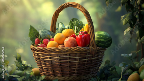 A rustic wicker basket brimming with fresh organic fruits and vegetables