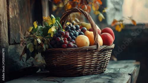 A rustic wicker basket brimming with fresh organic fruits and vegetables