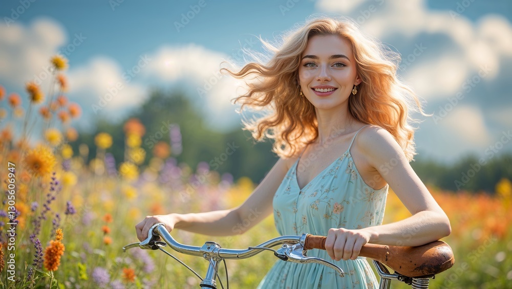 Fototapeta premium Young woman riding a bicycle through a colorful flower field on a sunny day enjoying nature's beauty