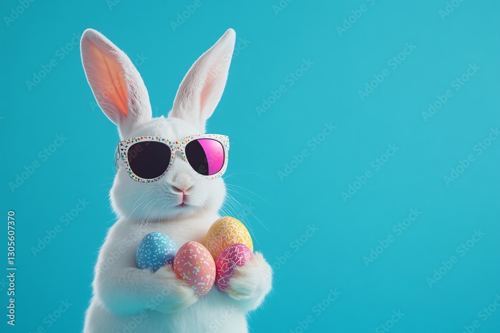 Fototapeta premium Cute white Easter bunny wearing stylish sunglasses, perfect for Easter and spring celebrations