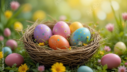 Colorful Easter Eggs in a Nest Surrounded by Spring Flowers