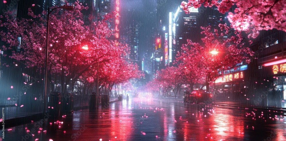Fototapeta premium Rainy neon cityscape street lined with blooming cherry blossom trees