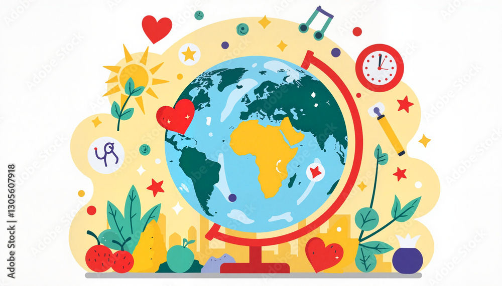 Naklejka premium Vibrant health symbols around globe with skyline, World Health Day concept