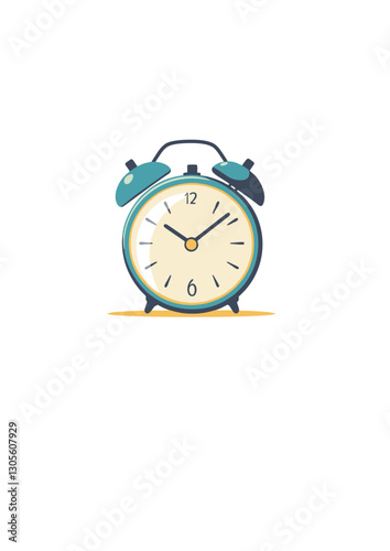 Vector alarm clock, cheerful, showing time, minimalistic white background, copy space