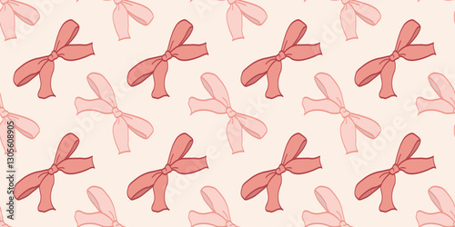 Pink vintage coquettish ribbon bows seamless pattern for fabric, wallpaper, stationery, gift wrapping, textiles, fashion accessories, and digital backgrounds, adding a soft and elegant touch