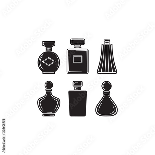Elegant Black and White Perfume Bottle Icons.A collection of six stylized perfume bottle silhouettes in a graphic design.