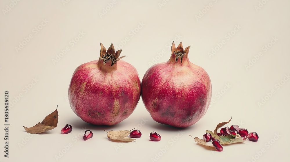 Two Ripe Red Pomegranates Still Life Autumn Leaves Healthy Organic Food Fresh Juicy Fruit Vibrant Color Photography Natural Ingredients Delicious Two Ripe Red Pomegranates Still Life Autumn Leaves Healthy Organic Food Fresh Juicy Fruit Vibrant Color Photography Natural Ingredients Delicious