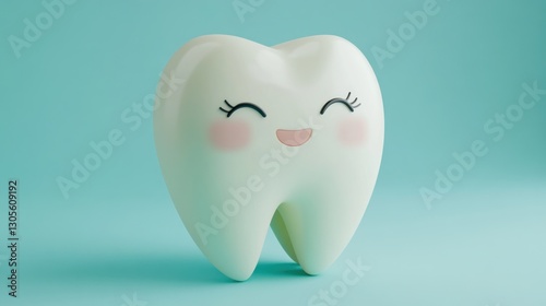 Cute cartoon tooth smiling on teal background photo