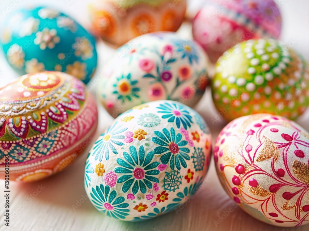 Minimalist Close-Up: Flower Patterned Easter Eggs Minimalist Close-Up: Flower Patterned Easter Eggs