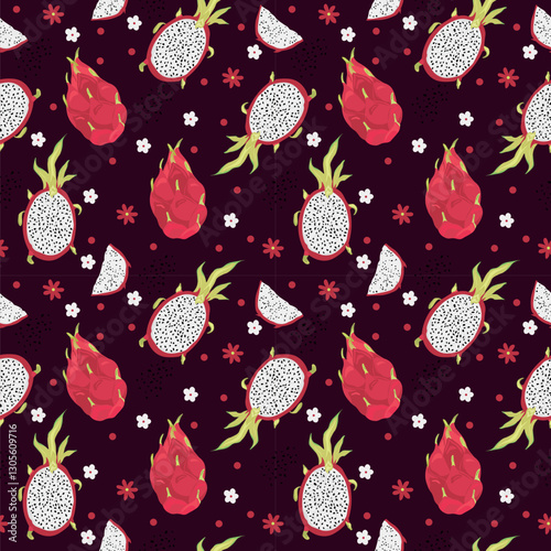 Fruit seamless pattern with pitahaya and flowers. Vector tropical illustration. Abstract summer background.