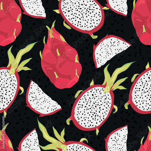 Seamless pattern with dragon fruits, pitaya background. Hand drawn vector illustration in watercolor style for summer romantic cover, tropical wallpaper, vintage texture