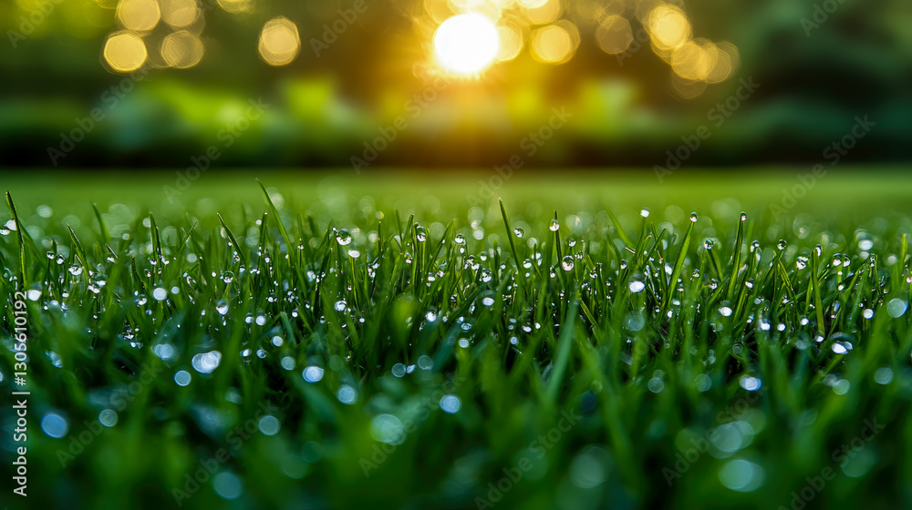 Obraz premium Morning Dew on Meadow: Serene Nature Scene of Fresh Grass with Sparkling Droplet at Sunrise