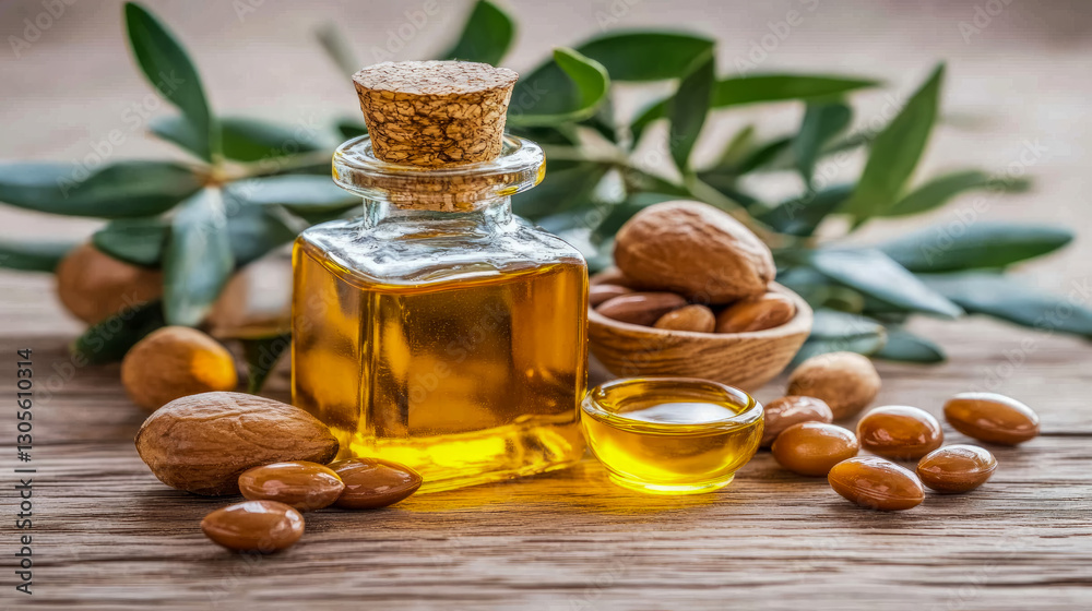Essential elixir: bottle of argan nutrient on wood for healthy lifestyle, skin treatment and wellness Essential elixir: bottle of argan nutrient on wood for healthy lifestyle, skin treatment and wellness