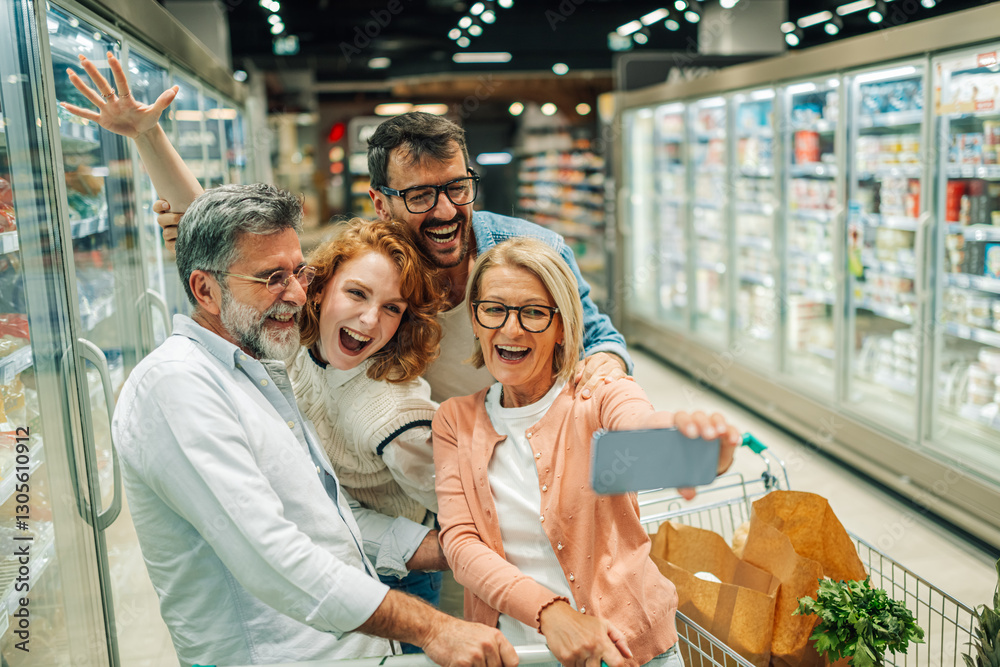 Obraz premium Cheerful family taking a selfie while grocery shopping in supermarket