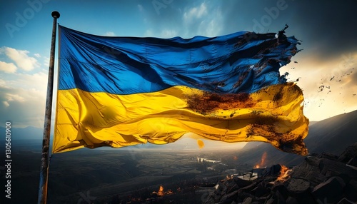 Tattered and war-torn Ukrainian flag flying from a flag pole.