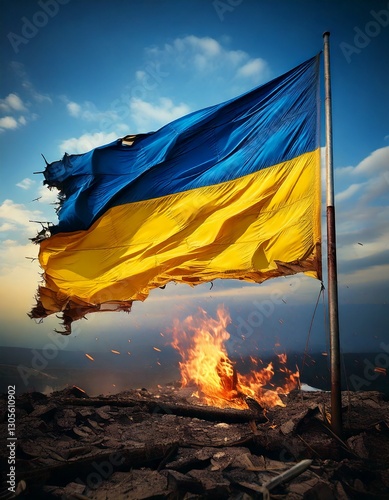 Tattered and war-torn Ukrainian flag flying from a flag pole.