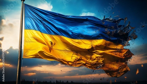 Tattered and war-torn Ukrainian flag flying from a flag pole.