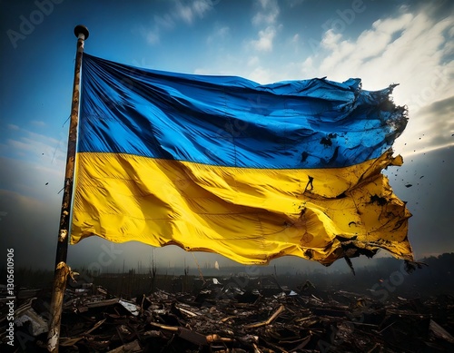 Tattered and war-torn Ukrainian flag flying from a flag pole.