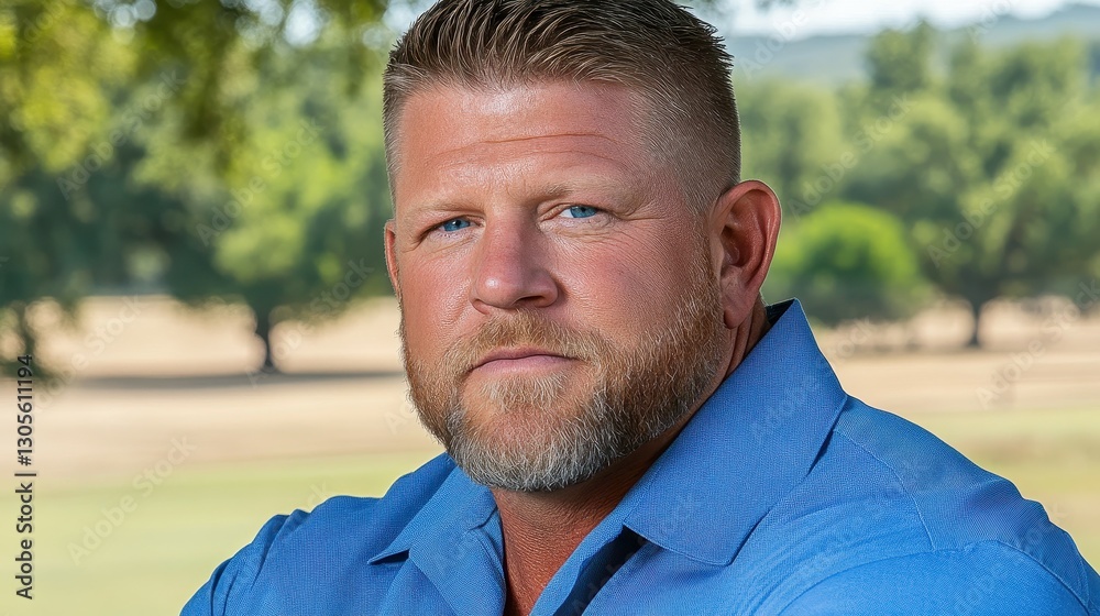 A man with a beard wears a blue shirt, sitting outdoors in a quiet area filled with trees. The sunlight reflects off his confident expression, highlighting the peaceful environment around him A man with a beard wears a blue shirt, sitting outdoors in a quiet area filled with trees. The sunlight reflects off his confident expression, highlighting the peaceful environment around him