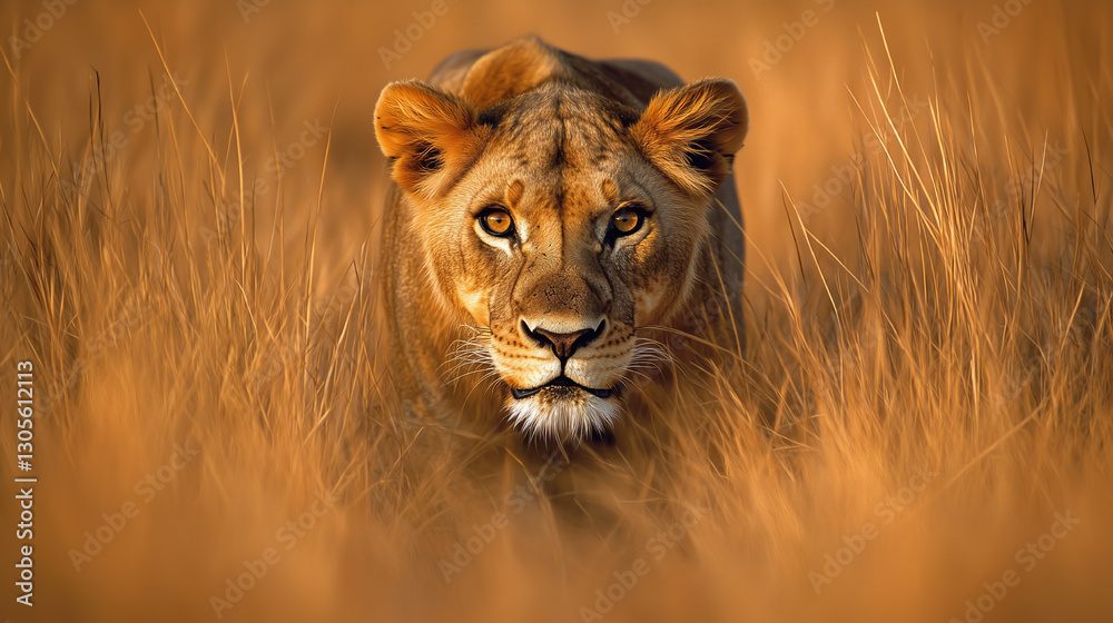 Fototapeta Lioness stalking through tall golden grass during sunset in the African savanna, showcasing natural beauty and wildlife behavior