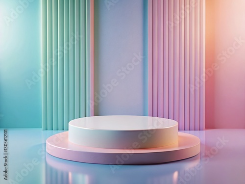 Minimalist Pastel Podium Mockup: Empty Product Display with Vertical Pattern Background