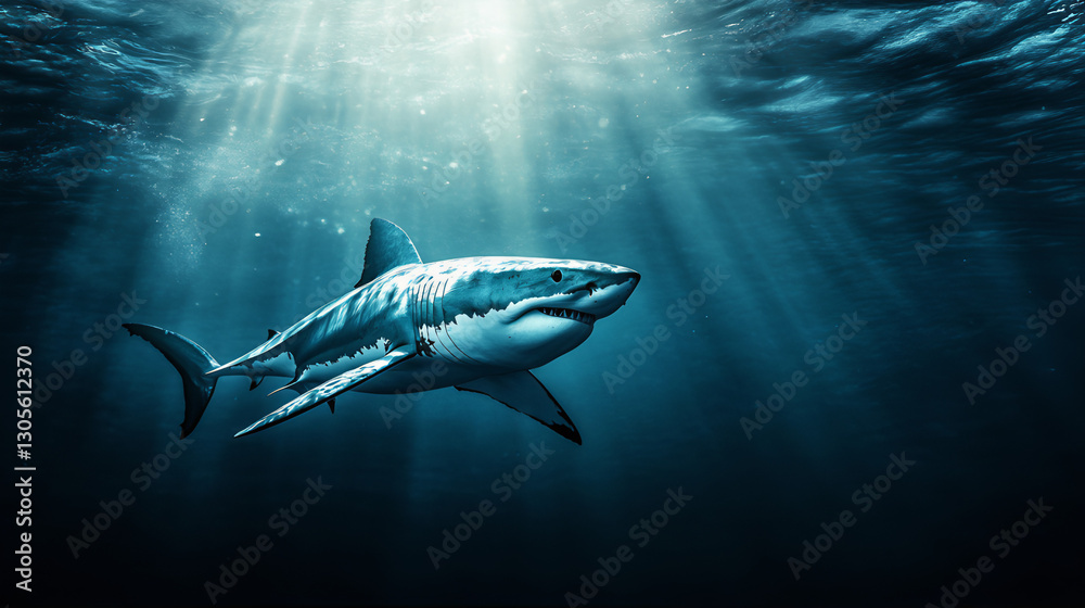Fototapeta premium Underwater great white shark cycling. Ocean Greenland shark below the underwater surface. Megalodon angry shark attacking with mouth wide open. Man eater shark pool. 