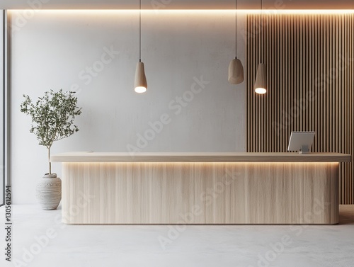 A modern reception desk with wood paneling and pendant lights