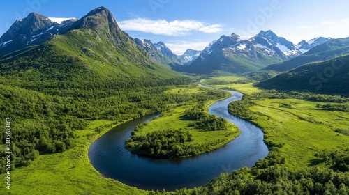 Majestic Mountains and Meandering River in a Lush Green Landscape. Generative AI photo