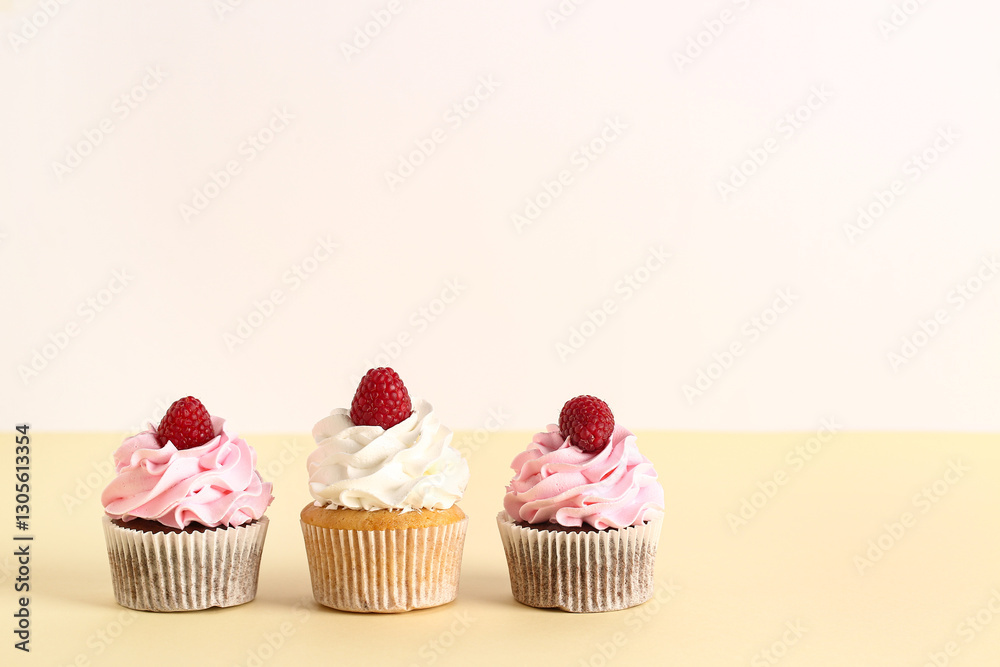 Tasty raspberry cupcakes on beige background Tasty raspberry cupcakes on beige background