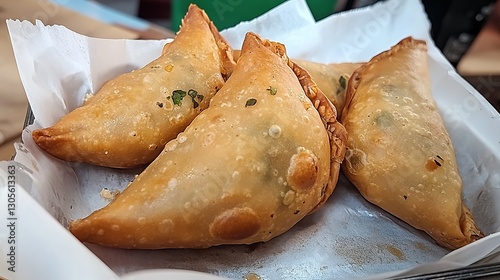 Delicious Golden Brown Crispy Samosas Indian Snack Food Appetizer Triangle Shaped Pastry Filled Savory Vegetable Treat Restaurant Cuisine Meal hot    