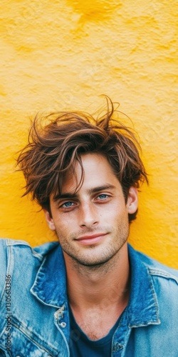 A young man with tousled brown hair and striking blue eyes smiles engagingly near a vivid yellow wall. His casual denim jacket complements the vibrant backdrop beautifully photo