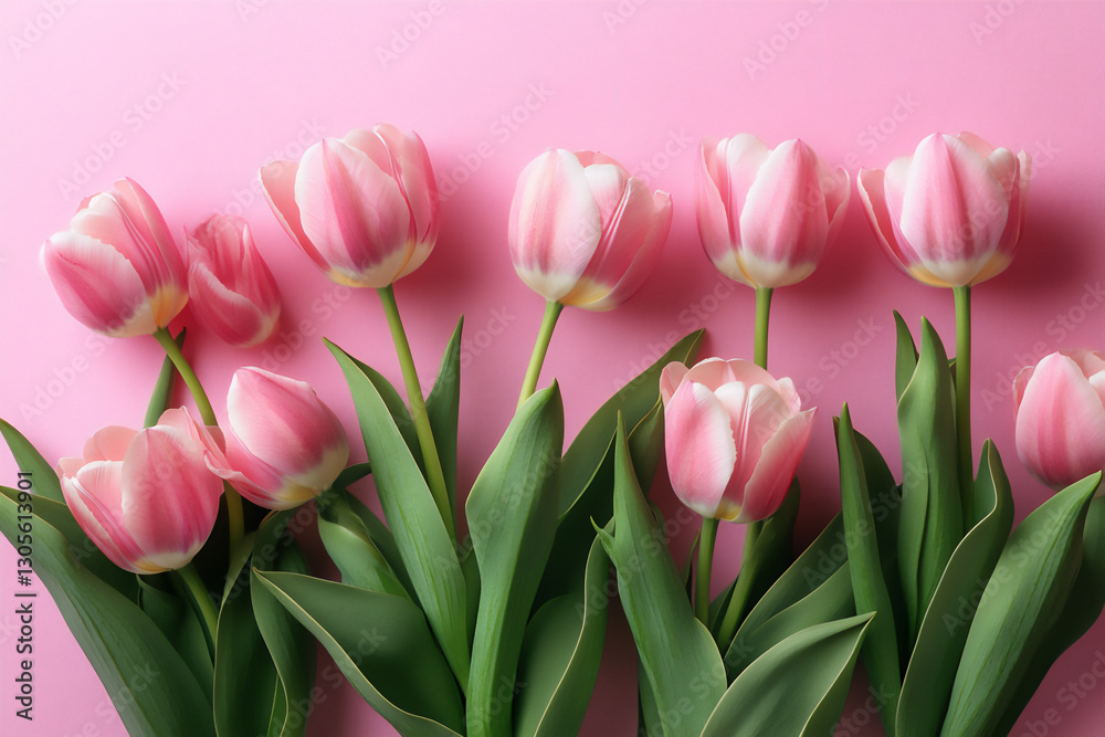 photo of pink tulips on a pink background, in a flat lay composition. photo of pink tulips on a pink background, in a flat lay composition.