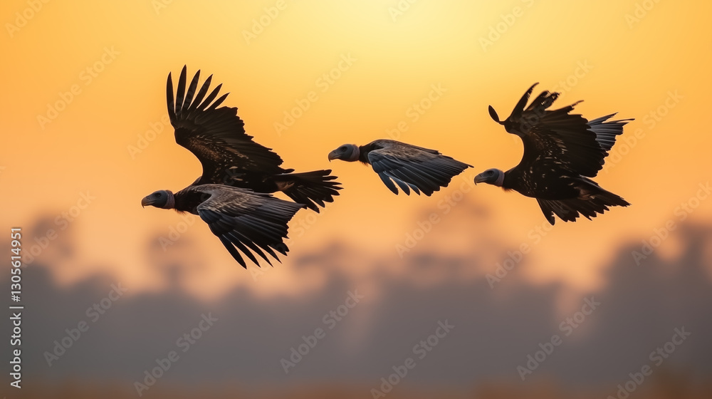 Fototapeta premium Vultures soar gracefully against a vibrant sunset sky in a peaceful natural setting