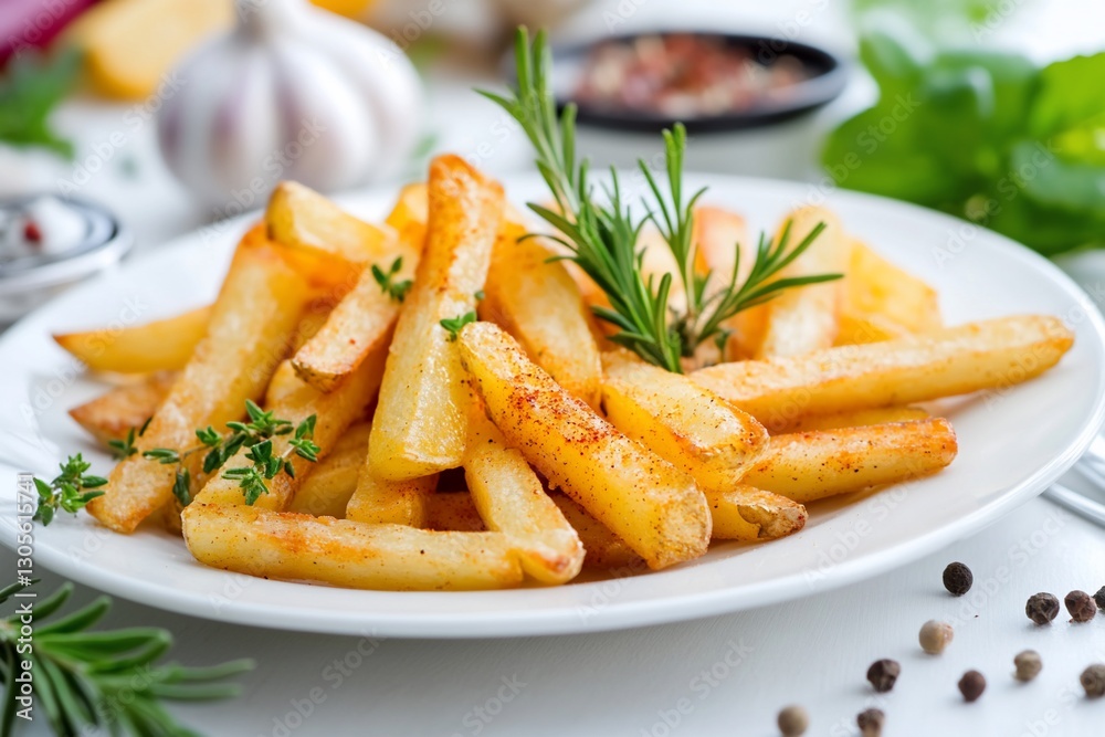 Rosemary-spiced fries on white plate, kitchen setting Rosemary-spiced fries on white plate, kitchen setting