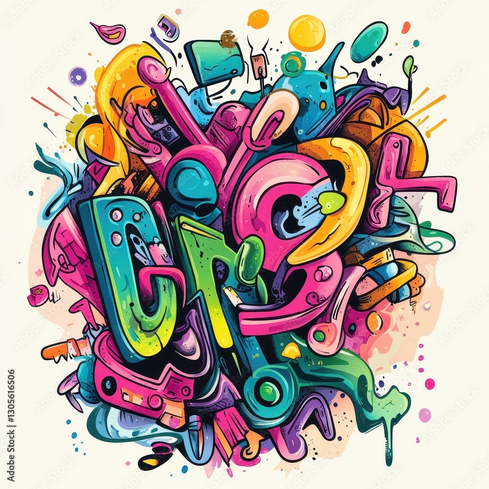 Naklejka premium Colorful cartoon artwork featuring stylized shapes in a vibrant composition