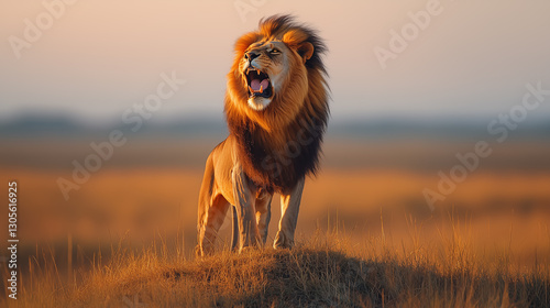 Majestic lion roars in golden grasslands during sunrise in African savannah while watching over its territory