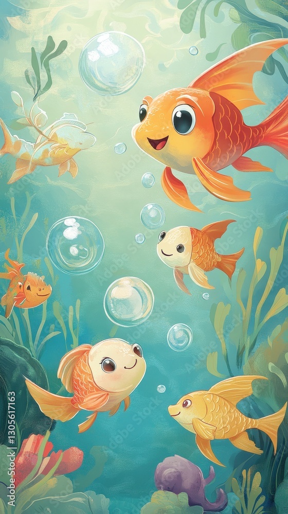 Naklejka premium A group of friendly cartoon fish swimming underwater together