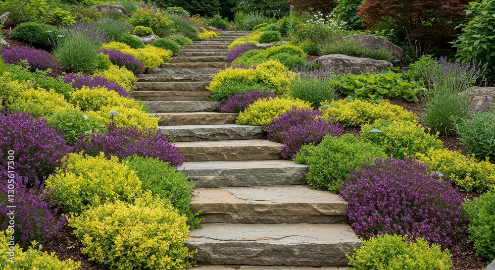 Landscaped Steps Colorful Plants Garden Design Natural Stone Landscaped Steps Colorful Plants Garden Design Natural Stone