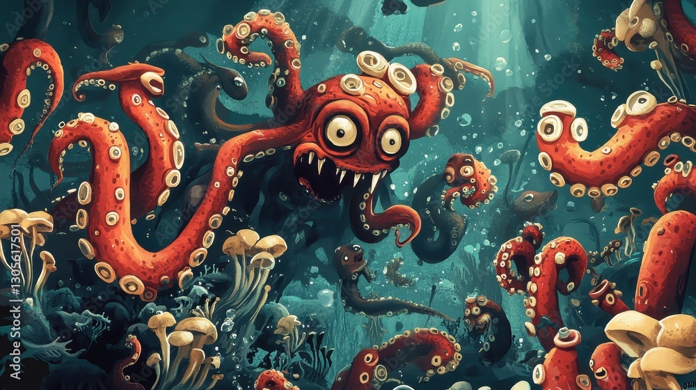Obraz premium A whimsical underwater scene featuring multiple red octopuses