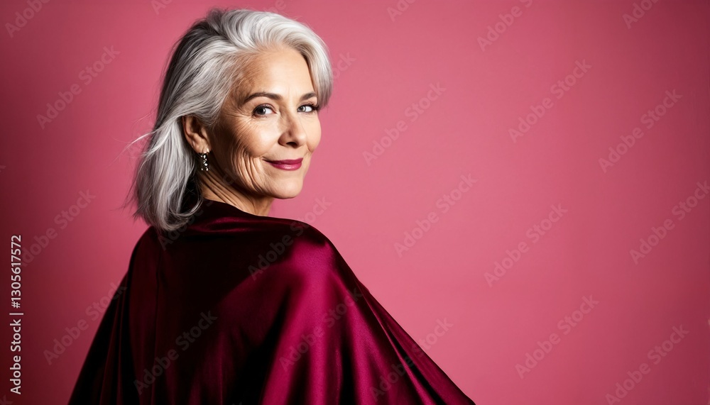 Naklejka premium A woman with gray hair wearing a maroon velvet cape.
